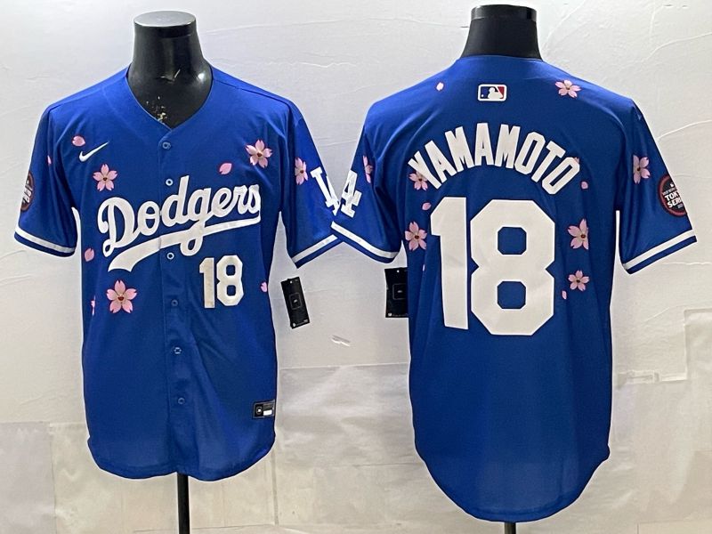 Men 2025 Los Angeles Dodgers #18 Yamamoto Blue Sakura Edition Nike MLB Jersey style 002